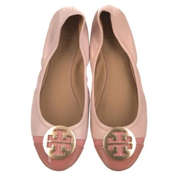 TORY BURCH Minnie Shell Pink Leather Logo Travel Ballet Flat Size 7.5 - Picture 1 of 7